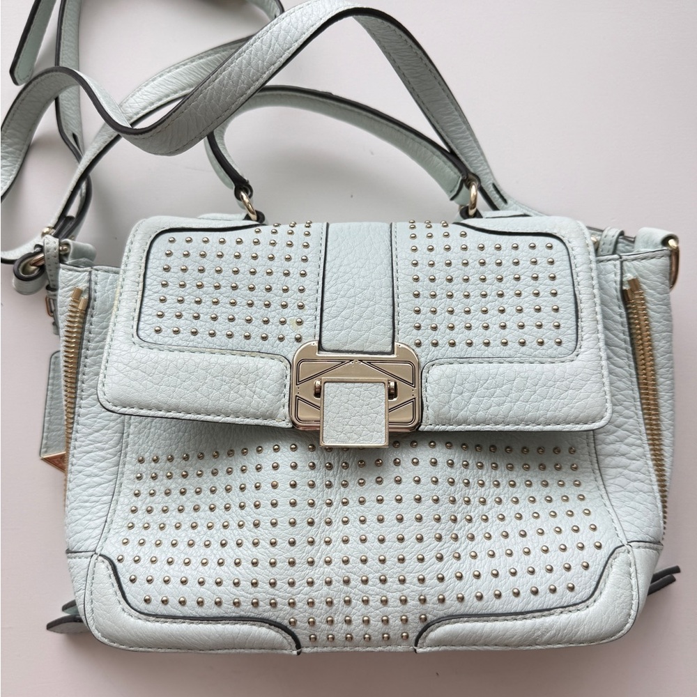 Rebecca Minkoff Studded Leather Crossbody Satchel Bag Mint Blue